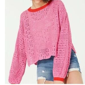 Free People Bright Pink Red Home Run Crop Sweater Pullover Contrast Neck Cuff XS